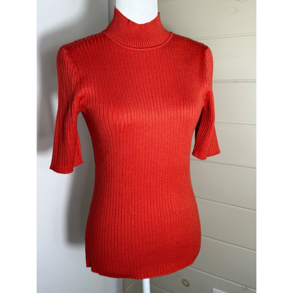 Madison Grey Mock Neck Short Sleeve Ribbed Stretch Sweater Orange Medium